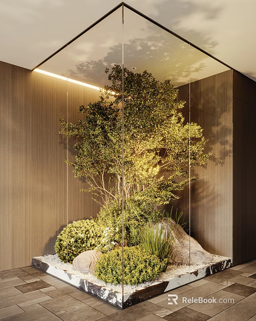 Courtyard Garden With Lush Green Plants Trees Natural Stones And Soft Lighting 3d model 