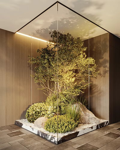 Courtyard Garden With Lush Green Plants Trees Natural Stones And Soft Lighting 3d model