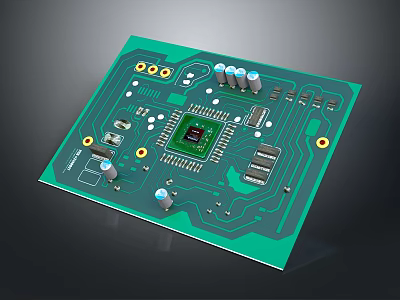 Green Circuit Board Featuring Central Chip And Various Electronic Components 3d model