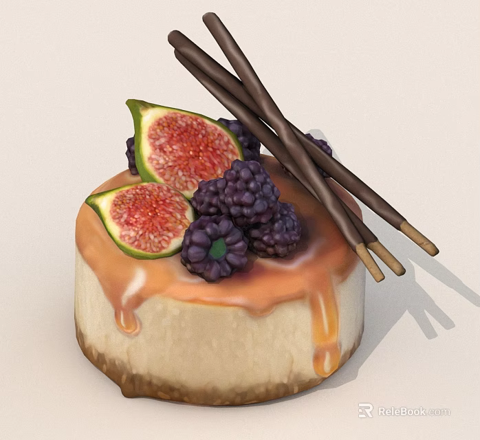 Delicious Cheesecake Topped With Fresh Figs Blackberries Chocolate Sticks And Caramel Drizzle 3d model 
