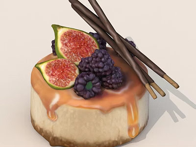Delicious Cheesecake Topped With Fresh Figs Blackberries Chocolate Sticks And Caramel Drizzle 3d model