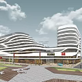 Modern Commercial Complex Featuring Contemporary Architecture Plaza Green Areas And Pedestrian Walkways