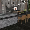 Modern Dining Table Set With Marble Counter Leather Chairs Hanging Lights And Flower Vase