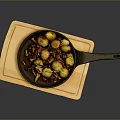 Black Cast Iron Frying Pan On Wooden Cutting Board With Roasted Potatoes And Mushrooms