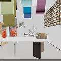 Clothing Store Interior Featuring Colorful Hanging Decor Wooden Wall Art and Display Table with Plants
