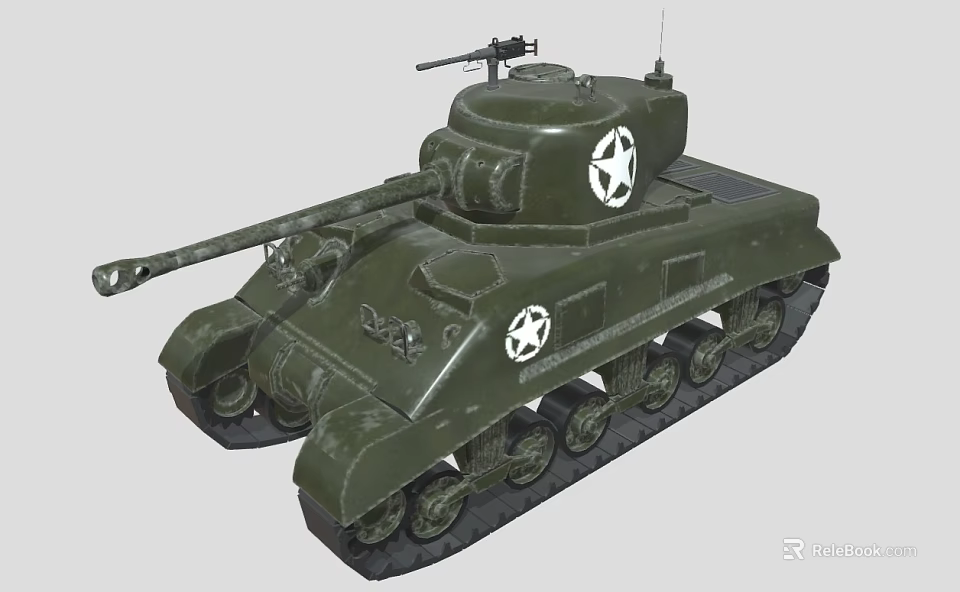Green Military Tank With White Star Markings Gun Barrel And Tracks 3d model 