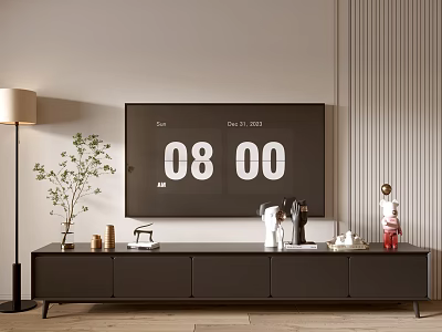 Modern TV Stand With Decorative Ornaments Plant And TV Screen In Living Room 3d model