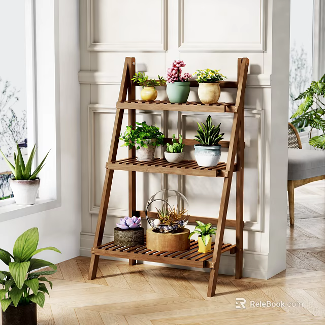 Wooden Tiered Shelf Displaying Various Potted Plants In Stylish Planters For Indoor Decor 3d model 