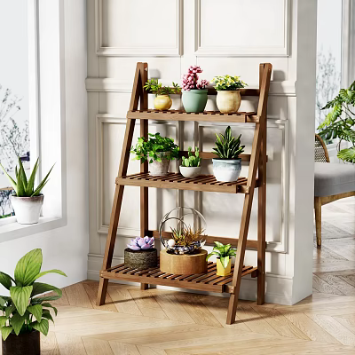 Wooden Tiered Shelf Displaying Various Potted Plants In Stylish Planters For Indoor Decor 3d model