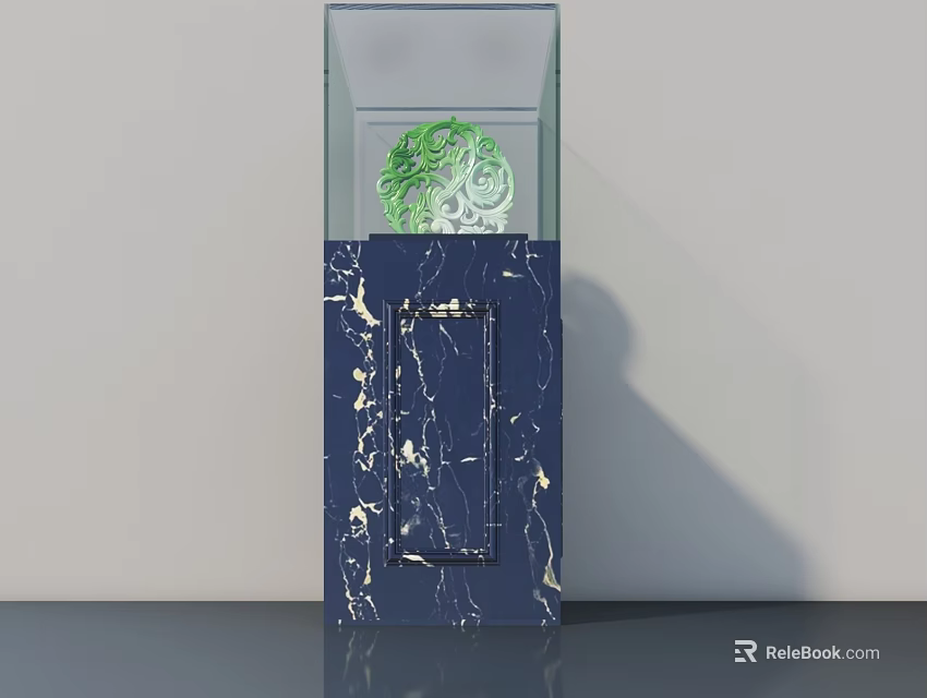 Intricate Green Sculpture Carving In Transparent Display Case With Blue Marble Base 3d model 