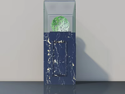 Intricate Green Sculpture Carving In Transparent Display Case With Blue Marble Base 3d model