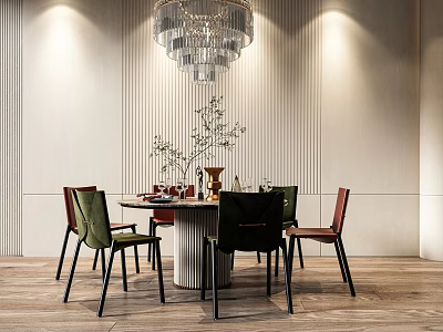 Luxury Dining Table Set with Modern Chairs Crystal Chandelier and Decorative Plant 3d model