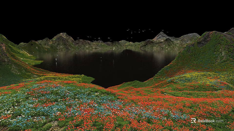 Stunning Starry Night Alpine Lake Landscape With Blooming Vibrant Wild Flowers On Green Surrounding Hills 3d model 