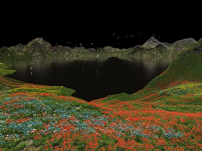 Stunning Starry Night Alpine Lake Landscape With Blooming Vibrant Wild Flowers On Green Surrounding Hills 3d model