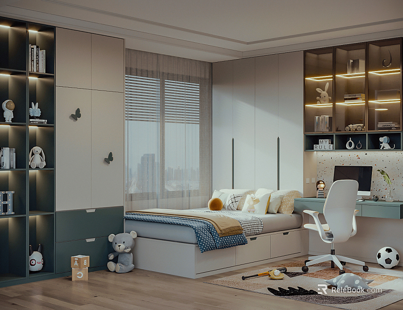 Modern Tatami Bedroom Interior With Built in Storage Desk Chair And Natural Light 3d model 