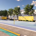 Park Landscape Featuring Basketball Court Green Lawns Trees People Walking And Colorful Paved Areas