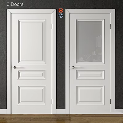 Two White Doors One Paneled One with Glass Panel Metal Handles on Dark Wall 3d model