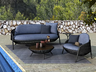 Stylish Outdoor Wicker Sofa Set with Matching Chair Coffee Table by Poolside Green Plants 3d model