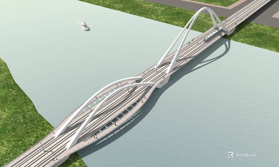 Modern White Arch Bridge Spanning Water With Grass Surroundings And Small Boat 3d model 