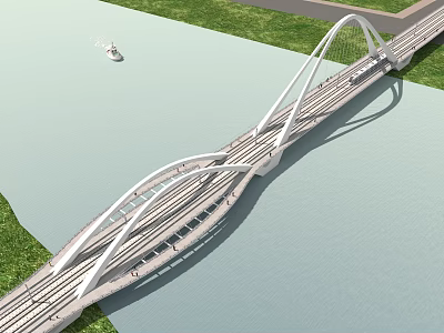Modern White Arch Bridge Spanning Water With Grass Surroundings And Small Boat 3d model