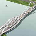Modern White Arch Bridge Spanning Water With Grass Surroundings And Small Boat
