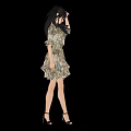 Game And Movie Character With Long Black Hair In Floral Dress And High Heels