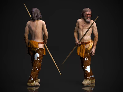 Two Primitive Men Wearing Animal Skin Clothing Holding Wooden Hunting Spears 3d model