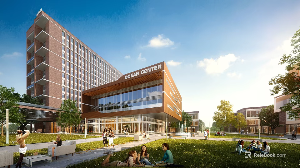 Ocean Center Office Building Modern Glass Facade Design With Green Lawn And People Relaxing 3d model 