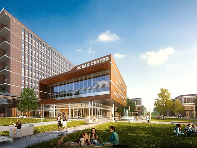 Ocean Center Office Building Modern Glass Facade Design With Green Lawn And People Relaxing 3d model