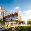 Ocean Center Office Building Modern Glass Facade Design With Green Lawn And People Relaxing