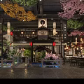 Traditional Chinese Restaurant Interior With Cherry Blossom Trees Lanterns And Water Features