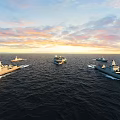 Aircraft Carrier Sailing On Ocean With Sunset Sky And Escort Ships