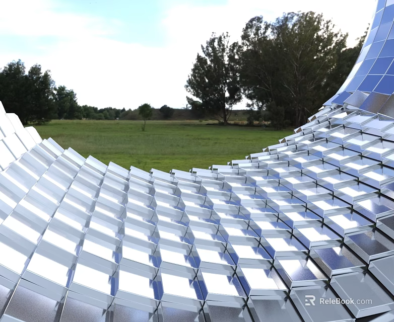 Modern Curved Metal Hinged Door Design In Outdoor Grassland With Trees And Clear Sky 3d model 