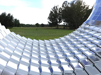 Modern Curved Metal Hinged Door Design In Outdoor Grassland With Trees And Clear Sky 3d model