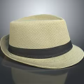 Light Beige Woven Hat With Black Band On Gray Background