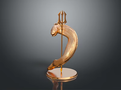 Golden Sculpture With Horse Head Trident And Curved Body On Circular Base 3d model