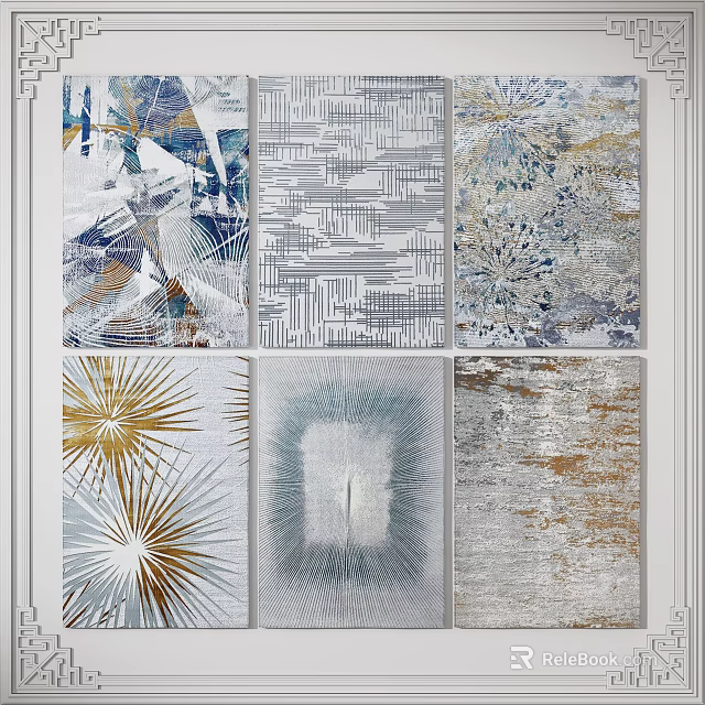 Contemporary Square Rugs Featuring Geometric Linear Abstract Patterns in Gold Blue Silver Tones 3d model 