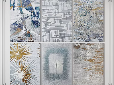 Contemporary Square Rugs Featuring Geometric Linear Abstract Patterns in Gold Blue Silver Tones 3d model