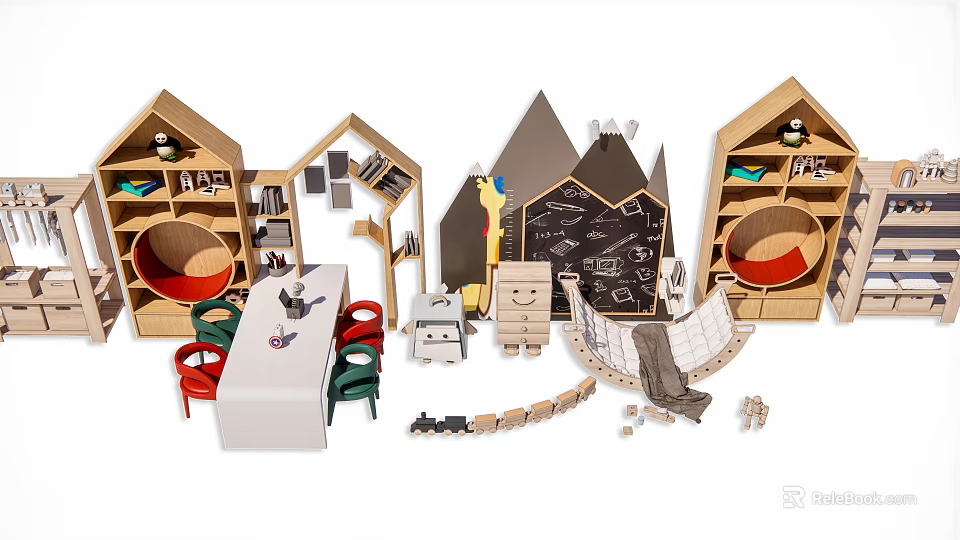 Kids Play Area With Wooden Houses Tables Chairs Chalkboard And Toys 3d model 