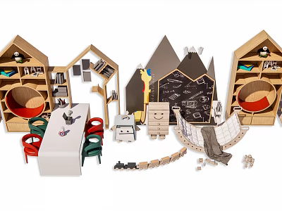 Kids Play Area With Wooden Houses Tables Chairs Chalkboard And Toys 3d model