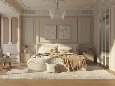 Elegant Modern Bedroom With King Bed Chandelier Nightstands And Decorative Paintings 3d model