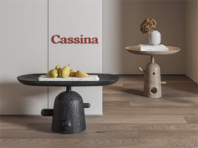 Cassina Modern Side Tables Black Top Wooden Base With Pears Vase And Book In Interior 3d model