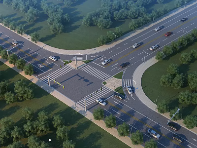 Municipal Road Intersection Featuring Vehicles Green Belts Sidewalks Trees And Street Lamps 3d model