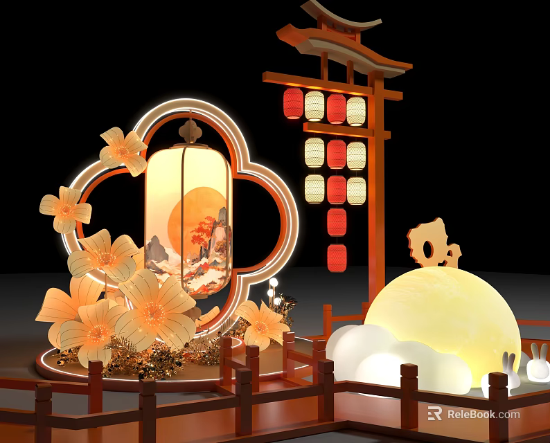 Traditional Themed Photo Check in Spot with Lantern Flowers Moon and Decorative Pavilion 3d model 