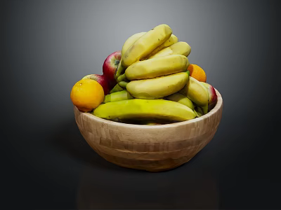 Fresh Assorted Fruits in Wooden Bowl Including Bananas Apples and Oranges 3d model