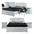 Elegant White Double Bed With Carved Headboard And Black Bedding 3d model