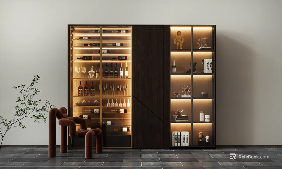 Modern Wine Cabinet With Glass Doors Built-in Lighting Wine Bottles Glassware And Decorative Elements 3d model 