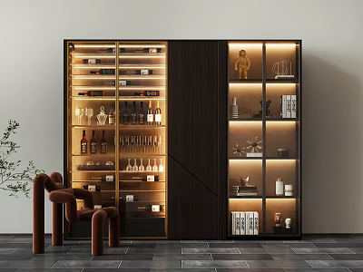 Modern Wine Cabinet With Glass Doors Built-in Lighting Wine Bottles Glassware And Decorative Elements 3d model