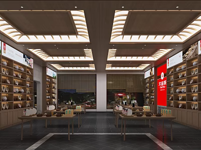 Traditional Tea Store Interior With Wooden Shelves And Display Tables 3d model