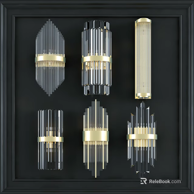 Elegant Modern Wall Lamps With Transparent Glass Strips And Gold Rings 3d model 